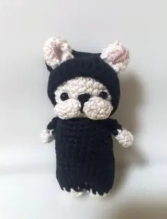 フレンチブルドッグあみぐるみ　黒猫　フード　着ぐるみ　キーホルダー