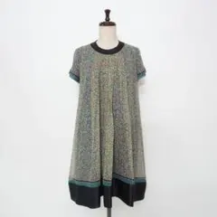 ドゥロワー 半袖 花柄 シルク膝丈ワンピース フレア 青 36*OD1248のサムネイル