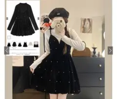 ビジューベロアキャミソールミニワンピース×ボトルネックトップスセットアップ