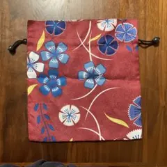 ハンドメイド 巾着袋 セット 赤色と青色の花柄・緑色の波模様