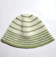 クラッシャーハット　クロシェハット　バケットハット　オフホワイト×ライム