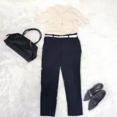 美品 組曲 リネン混 半袖ニットUNTITLED パンツ 2点セット通勤きれいめ