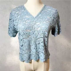 【ルフトローブ】38/カットソー/水色系/レース/花柄/Vネック/シアー/半袖のサムネイル
