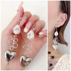 987 ドロップパール シルバーぷっくりハート ピアス イヤリング お洒落