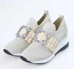 atsugiriビジュー付きベージュニット厚底スリッポン