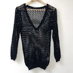 Vネック メッシュニット トップス 黒