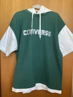 CONVERSE フード付き半袖TシャツL グリーン/ホワイト