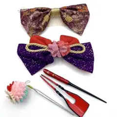 【美品】　和風髪飾り5点セット リボン　一本簪　平打簪　つまみ細工　かんざし　花