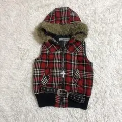 00s y2k チェック柄　ロゴ　ファー　ダウンベスト　平成ギャル　アメカジ系