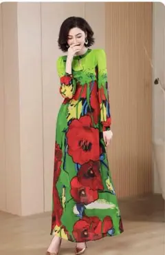 レトロ花柄ロングドレス✭デート女子会★グリーンシャンプンドレス