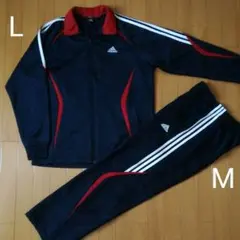 アディダス adidas ジャージ 上下 LとM 紺×赤白 セット ゆったりめ