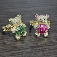 ゴールド テディベア リング 緑 ピンク