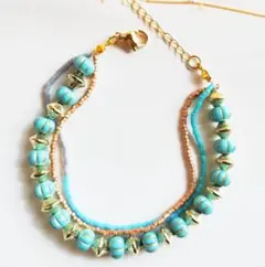 ボヘミアンスタイル ブレスレット 青とローズゴールドビーズ　3連