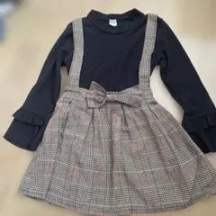 フリル袖 チェック柄 サスペンダーワンピース