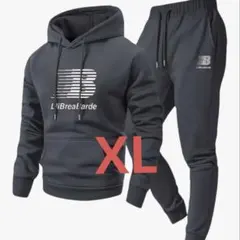 ダークグレー フード付きスウェットセット上下 グレー 裏起毛 ルームウエアXL
