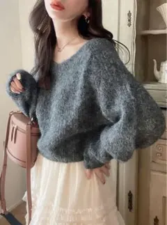 グレー Vネック バルーンスリーブ ニット