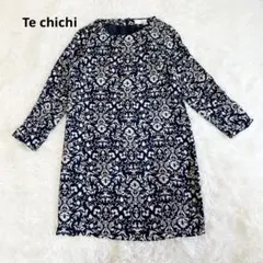 テチチ　Te chichi 総柄ワンピース 長袖ダマスク柄 ネイビー 白　上品のサムネイル