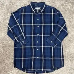 GLOBAL WORK チェック柄シャツ 七分袖ネイビー
