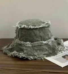 グレー デニム バケットハット フリンジ加工