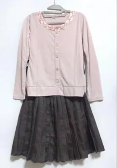 パール付きくすみピンク トップス チェック柄 スカート 2点おまとめセット