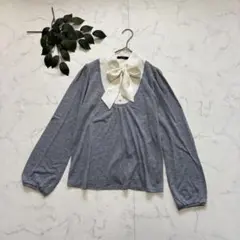 8472✾コムサイズム✾長袖カットソー【L】重ね着風/ボウタイ/リボン/グレーのサムネイル