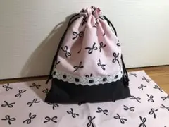 給食袋＆ランチョンマット リボン柄　ピンク① ハンドメイド