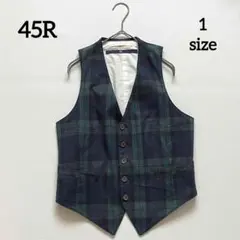 5634【美品】45R　ベスト ジレ ブラックウォッチ チェック グリーン 紺のサムネイル