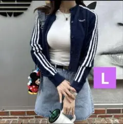 新品L⭐️adidas フラッフィーニットカーディガン ナイトインディゴ りなてぃ