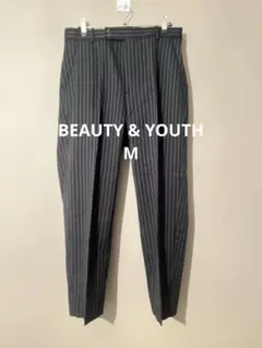 【美品】BEAUTY & YOUTH ネイビーストライプ スラックス Mウール混