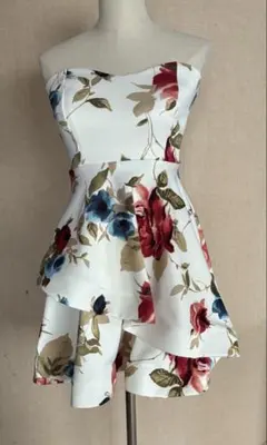 フラワープリント ストラップレス ミニワンピース