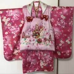 七五三　着物　ピンク 花柄 蝶刺繍