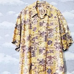 ピエールカルダン コットン アロハシャツ XL 黄総柄 幾何学 フィッシュのサムネイル