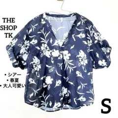 【春夏古着セール✨】花柄 シアーブラウス ネイビー ブルー　大人可愛い　Sサイズのサムネイル