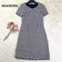 【良品】インゲボルグ 膝丈ワンピース 千鳥格子 チェック ツイード M 白黒
