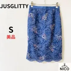 美品 ジャスグリッティー 花柄刺繍ケミカルレースタイトスカート 0 ブルーのサムネイル