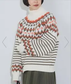 【BEAMS HEART】ジャガード ボーダー ノルディック柄ニット　アイボリー