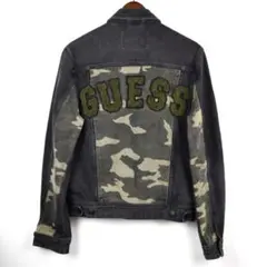 GUESS デニムジャケット 切替 迷彩 カモ デカロゴ ブラック ゲス Y2K