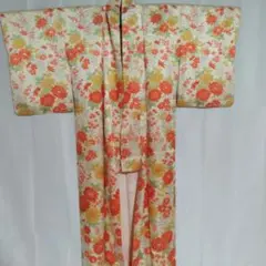 小紋着物 花柄 オレンジ・黄色 正絹