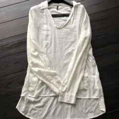 ベネトンホワイトVネック長袖ブラウスレディースLシンプルゆったり大きめシャツ