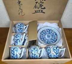 【高級】有田焼 光右衛門窯 染錦間取 珈琲碗皿 5客セット 木箱入 スプーン付き