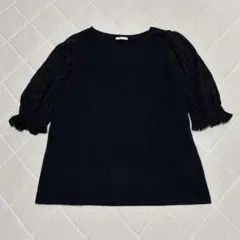 GU【M】レーススリーブT 5分袖 カットソー ブラック 綿100% 上品 春夏のサムネイル