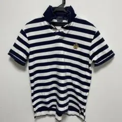 POLO ポロシャツ ネイビーとホワイトのストライプ エンブレム刺繍　ゴルフ