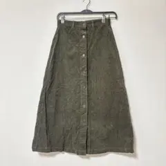 GU コーデュロイ ロングスカート Aライン 前ボタン オリーブ カーキ M