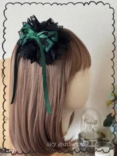 ♡黒ダブルレースローズグリーンリボン円形ヘッドドレスロリータハロウィンゴスロリ♡