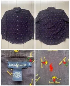 90s POLO ラルフローレン 総柄 SKI シャツ navy ネイビー L