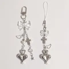 ビーズキーホルダー　ストラップ　ホワイト　シルバー　韓国　y2k　2点セット