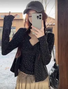 花柄 カーディガン キャミセット ブラック 春