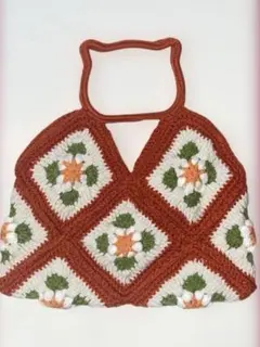 手提げバッグ 朱色 レトロ 猫 ネコ