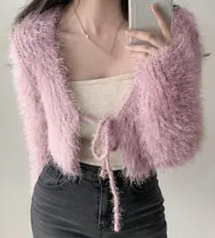 リボンシャギーニットカーディガンピンク可愛い大人清楚系ガーリー量産型韓国サブカル