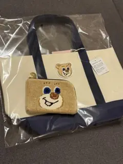 オールドテディ ワッペントートバッグ ドアップテディ　ポーチ　ネイビーアイボリー